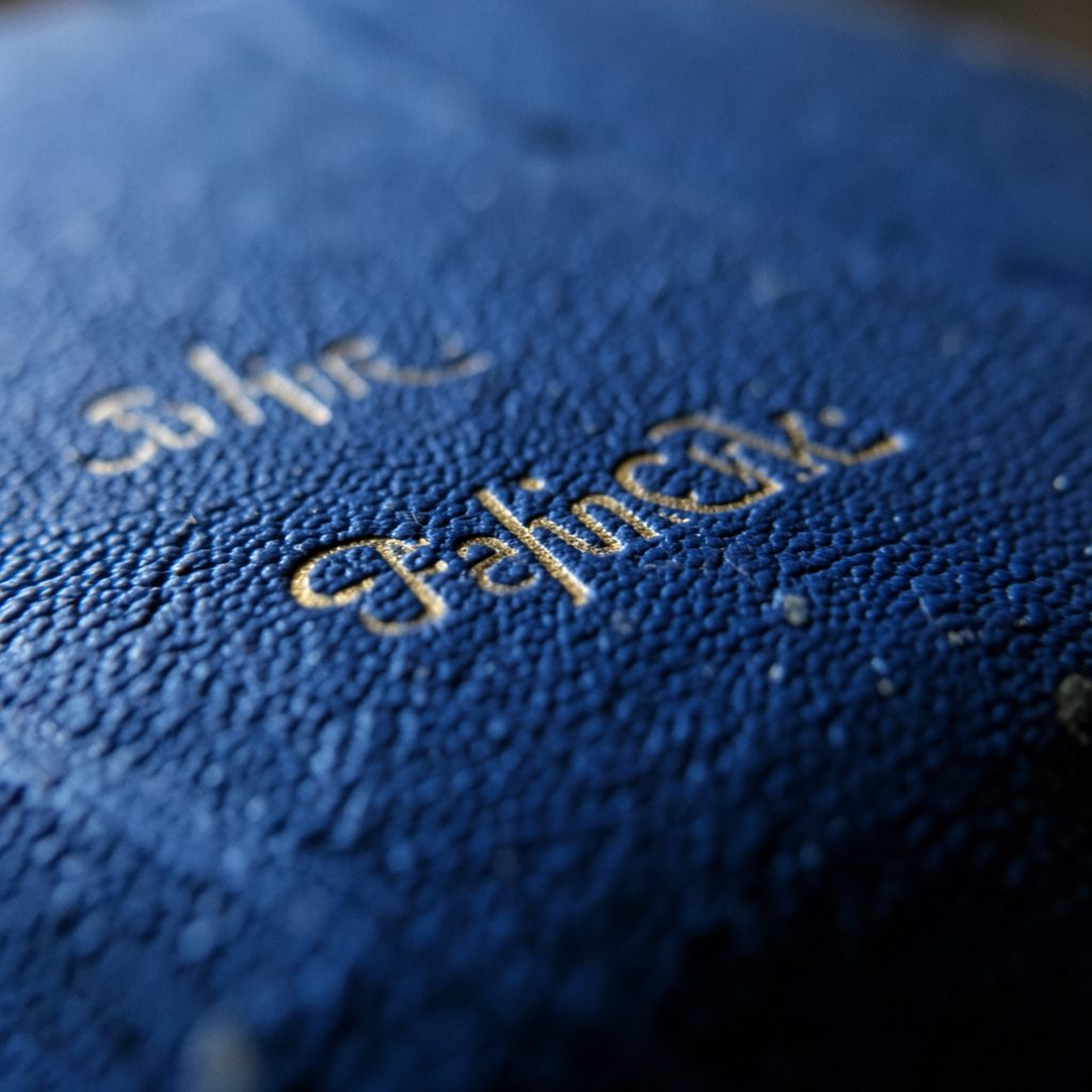 Extreme close-up of weathered navy-blue book spine texture with faint gold lettering impression, quiet library mood